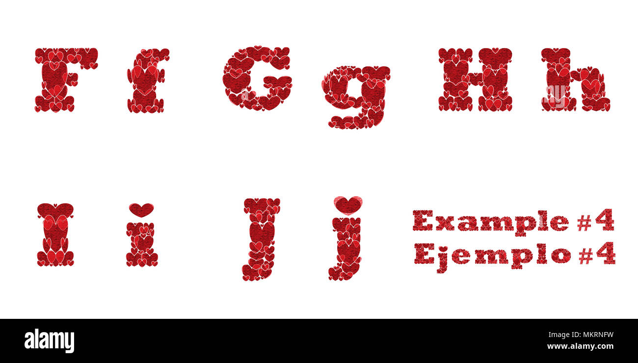 Die Buchstaben F, G, H, I, J, Groß- und Kleinbuchstaben des Alphabets von Herzen Stockfoto