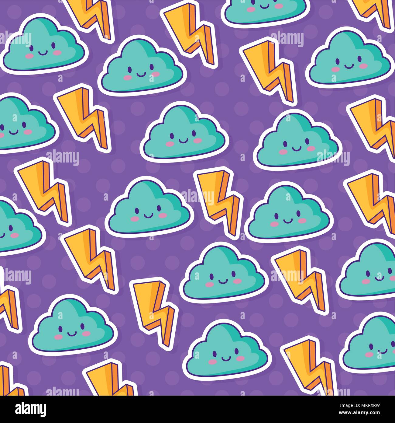 Hintergrund des Blitzes und kawaii Wolken Muster, farbenfrohen Design. Vector Illustration Stock Vektor