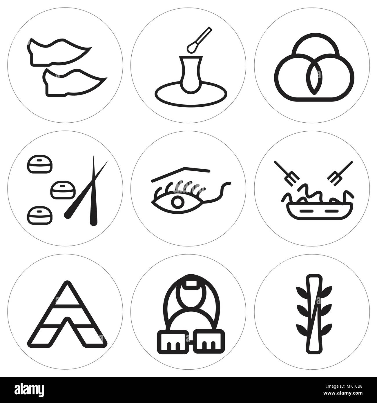Satz von 9 einfache editierbare Symbole wie Bambus, ägyptischen, Tipi, Pasta, Auge, Sushi, Brezel, Kaffee, Schuhe, können für mobile, Web verwendet werden. Stock Vektor