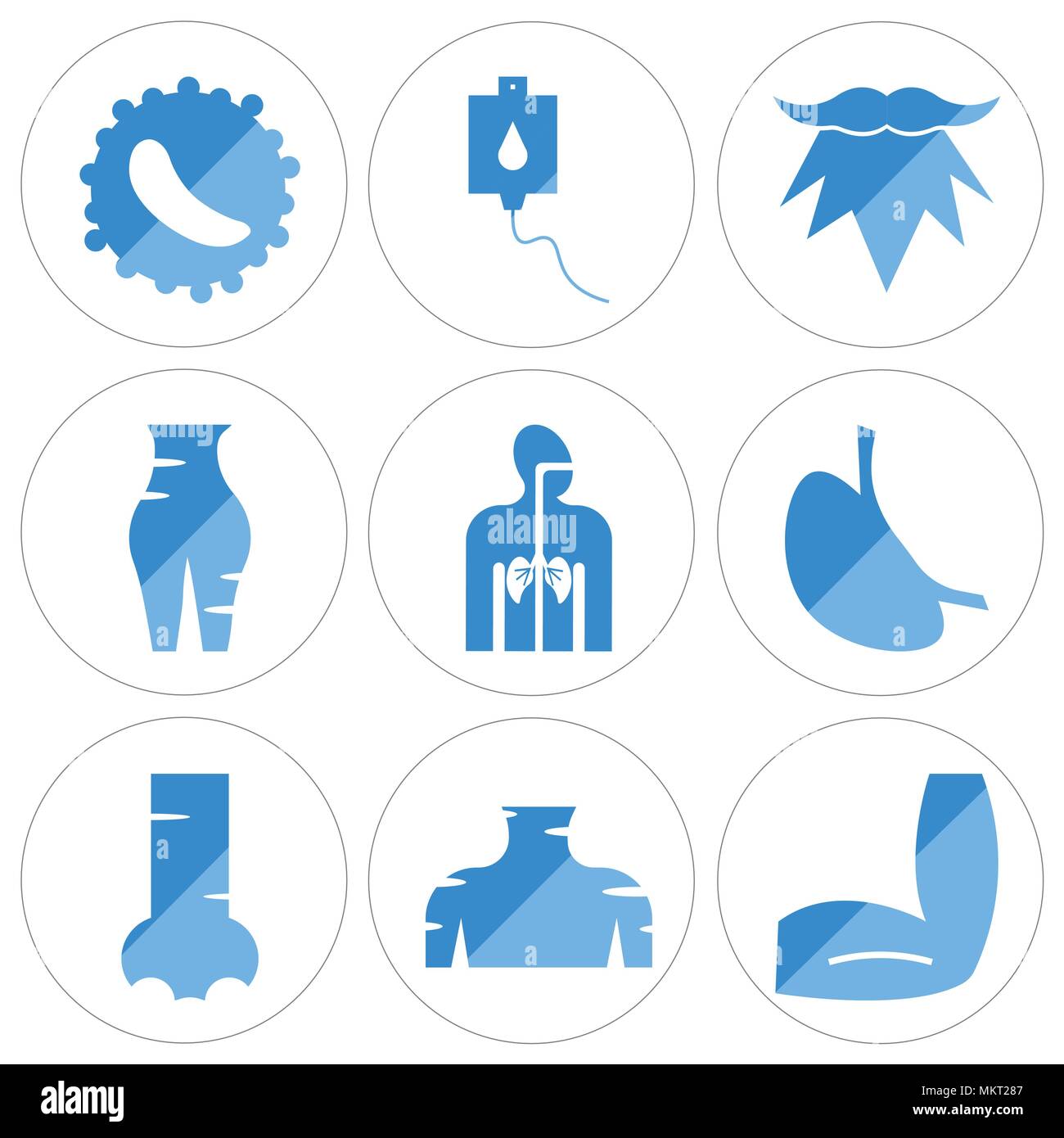 Satz von 9 einfache editierbare Ikonen wie Männer Winkelstück, menschliche Hals, Nase, Magen mit Flüssigkeiten, Atmungsorgane, weiblichen Pubis, Bart, Blut Transfusio Stock Vektor