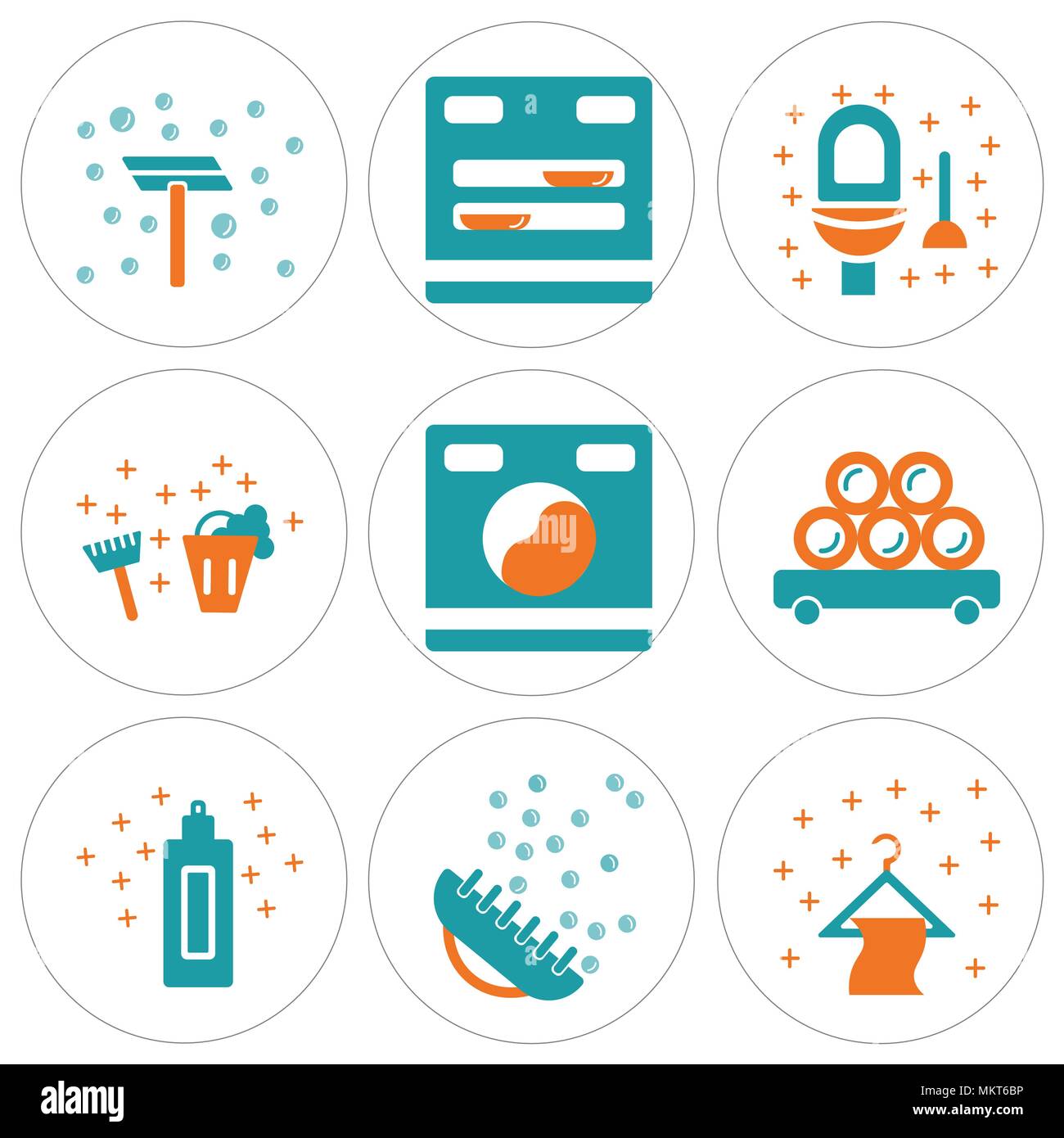 Satz von 9 einfache editierbare Ikonen wie Bügel, Pinsel, Sahne, Bleichen, Waschmaschine, WC, Spülmaschine, Reinigung, können für mobile, Web verwendet werden. Stock Vektor