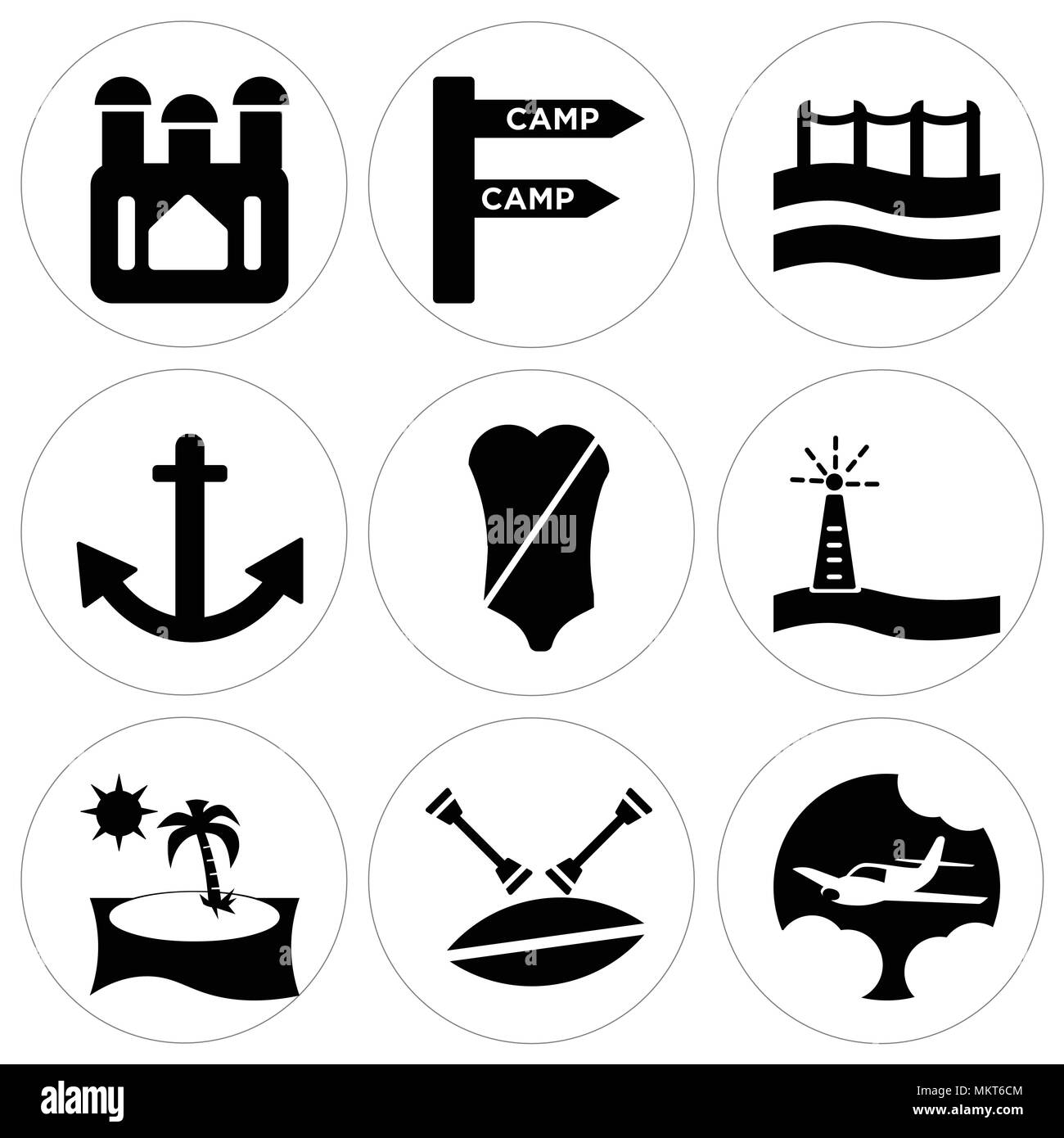 Satz von 9 einfache editierbare Ikonen wie Flugzeug, Kanu, Beach Sunset, Lighttower mit Licht, Bikini, Anker, Golden Gate Bridge, Lager, Vatikan, können uns Stock Vektor