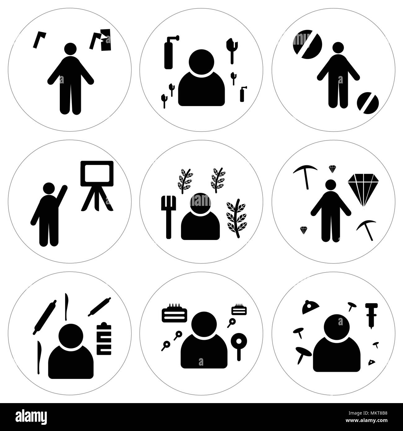 Satz von 9 einfache editierbare Ikonen wie Bergmann, Detektiv, Koch, Landwirt, Lehrer, Arbeiter, Maid, können für mobile, Web verwendet werden. Stock Vektor