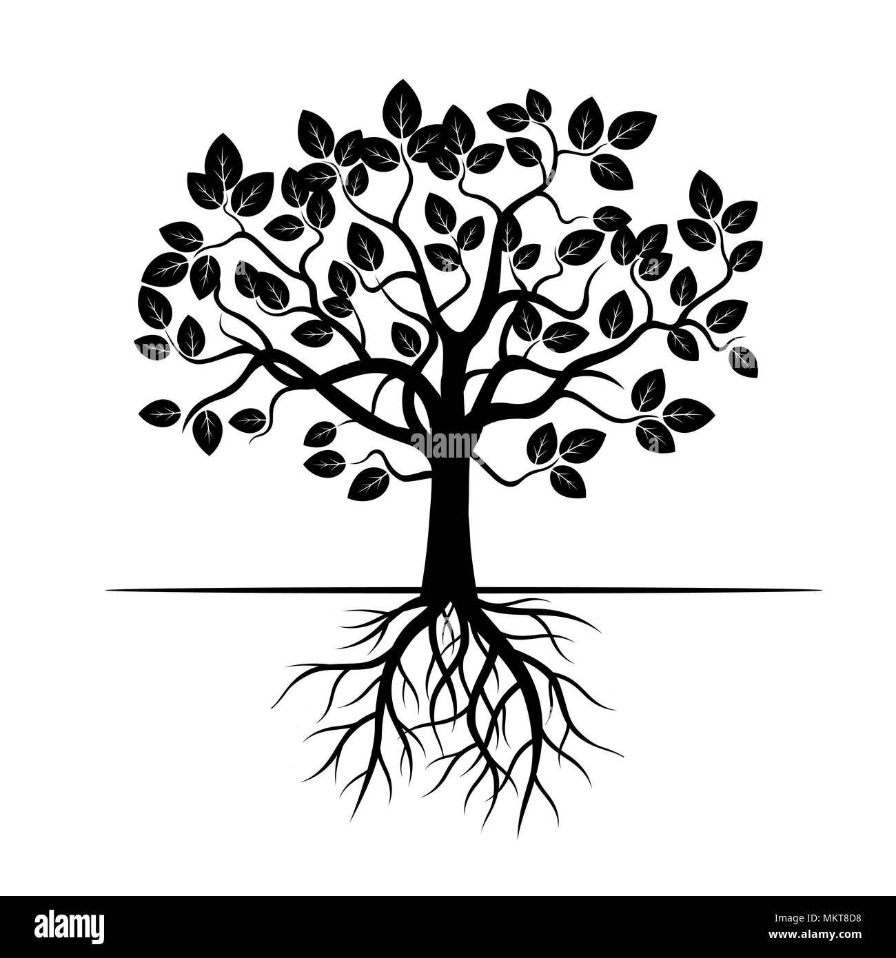 Schwarzer Baum mit Blättern und Wurzeln Vector Illustration. Stockfoto
