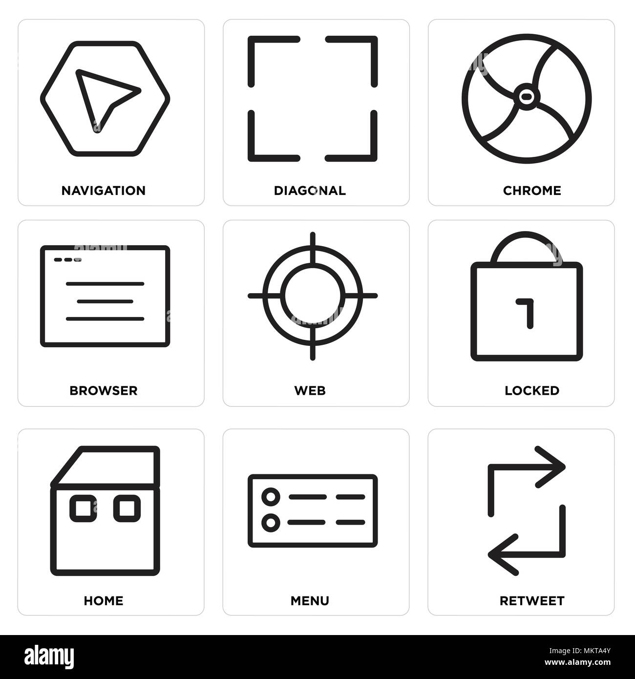Satz von 9 einfache editierbare Ikonen wie Retweet, Menü, Home, gesperrt, Web, Browser, Chrome, Diagonal, Navigation, können für mobile, Web verwendet werden. Stock Vektor