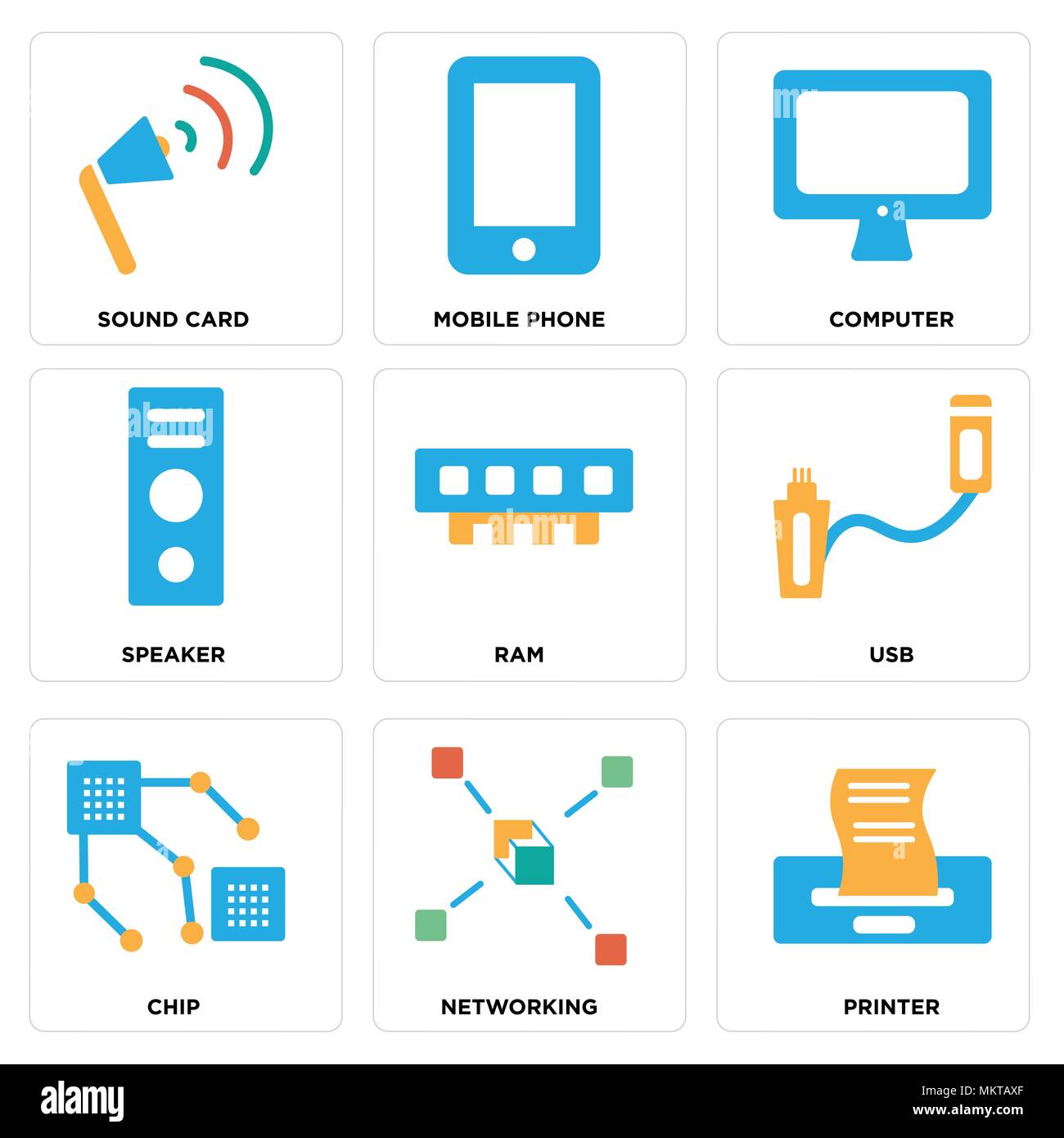 Satz von 9 einfache editierbare Ikonen wie Drucker, Netzwerk, Chip, USB, Ram, Lautsprecher, Computer, Mobiltelefon, Soundkarte, können für mobile, Web verwendet werden. Stock Vektor