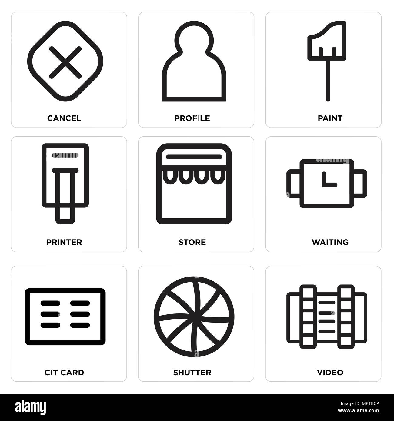 Satz von 9 einfache editierbare Ikonen wie Video, Shutter, Cit Karte, Warten, Store, Drucker, Farbe, Profil, Abbrechen, können für mobile, Web verwendet werden. Stock Vektor