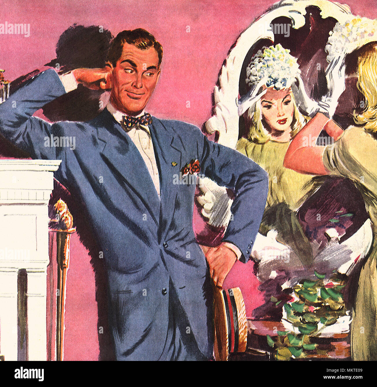 Mann in Anzug wartet auf die Frau zu kleiden Stockfoto