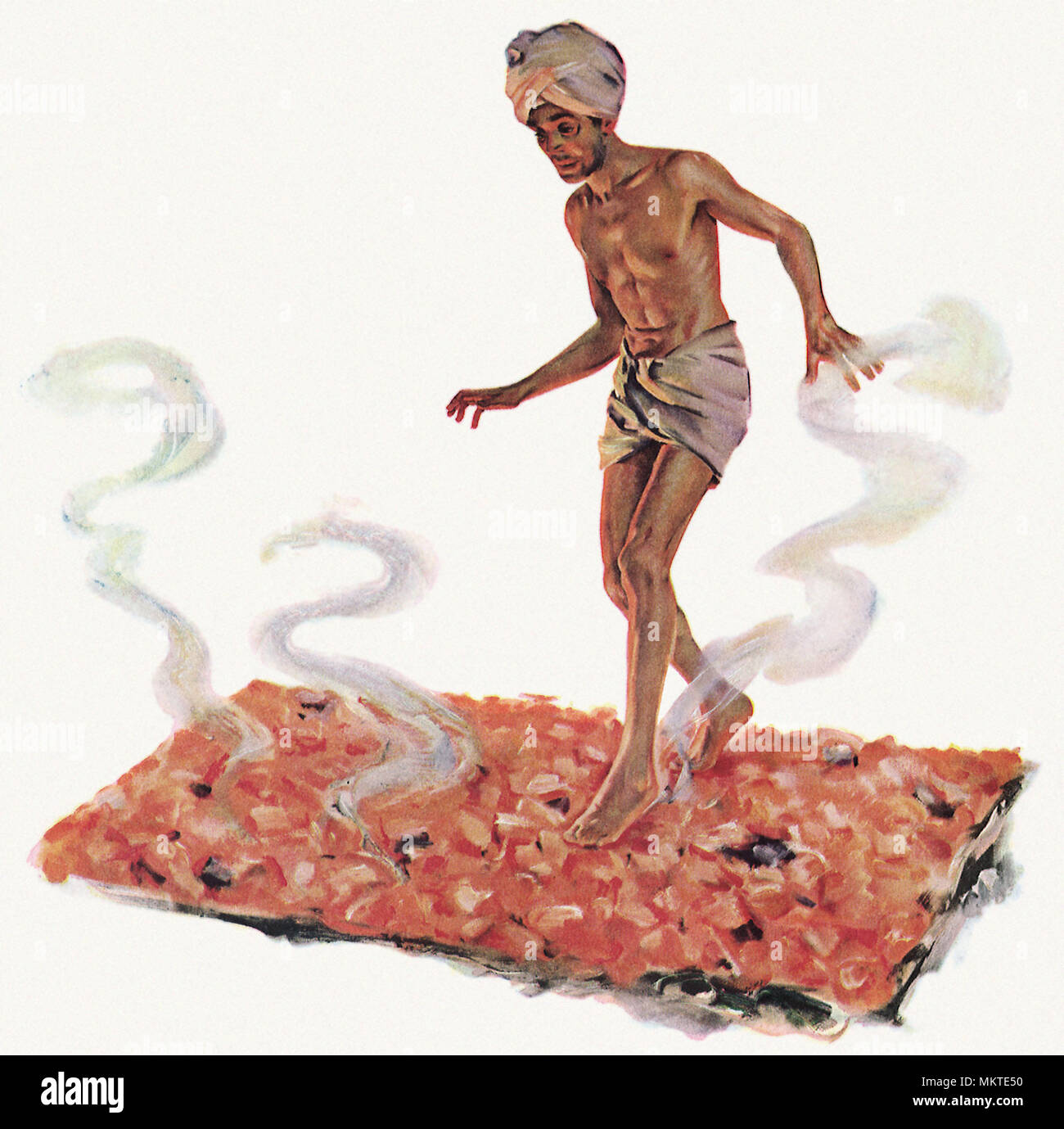 Hinduistischen Fakir zu Fuß über dem Bett auf heißen Kohlen Stockfoto