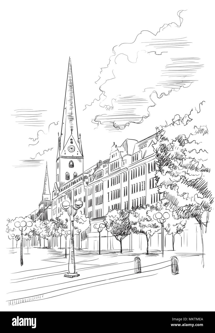 Ansicht der Hauptkirche St. Petri Kirche in Hamburg, Deutschland. Wahrzeichen von Hamburg. Vektor hand Zeichnung Abbildung in Farbe Schwarz auf Weiß bac isoliert Stock Vektor