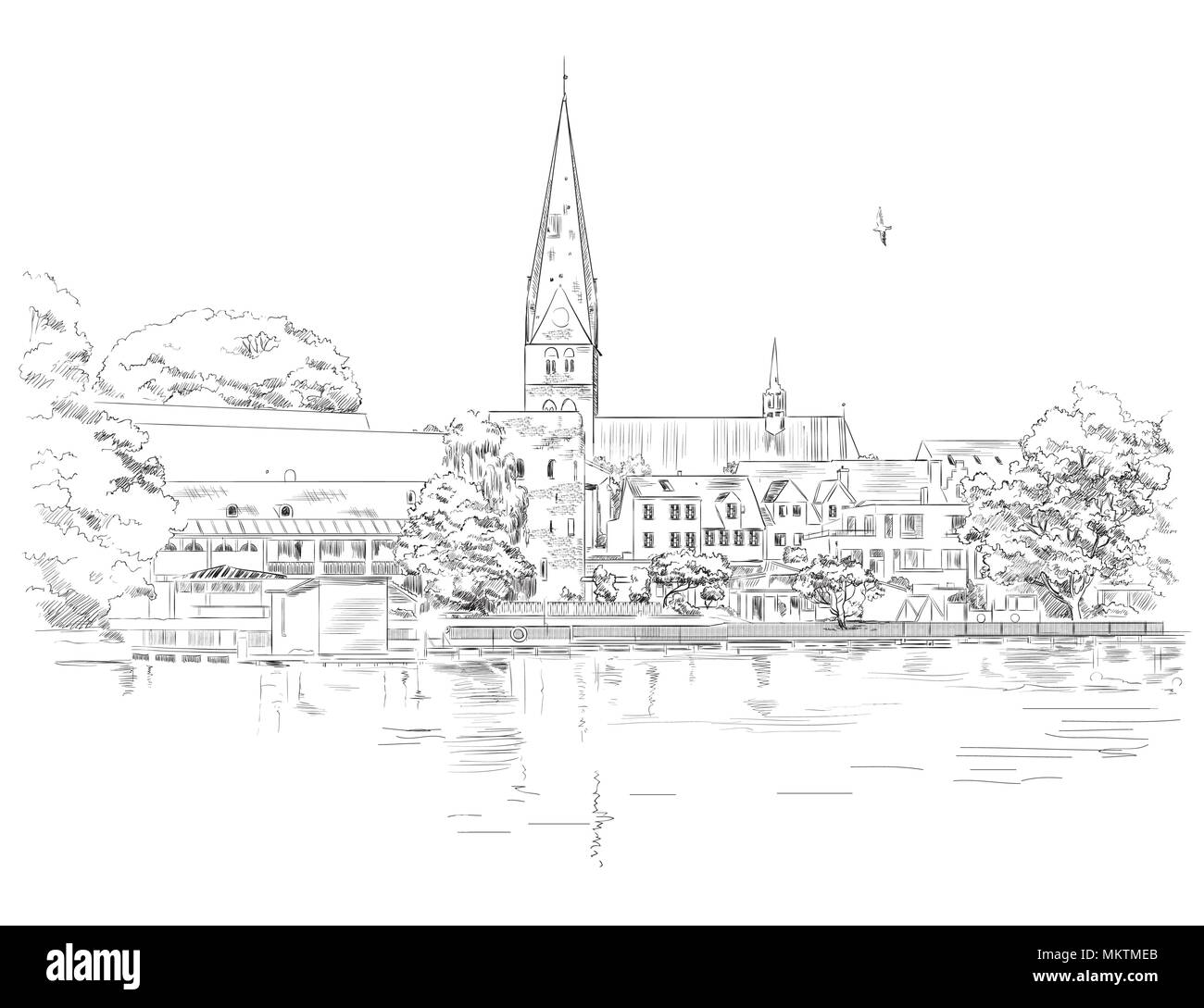 Blick auf die St. Mary's Church in Lübeck in Deutschland. Vektor monochromen Abbildung auf weißem Hintergrund. Stock Vektor