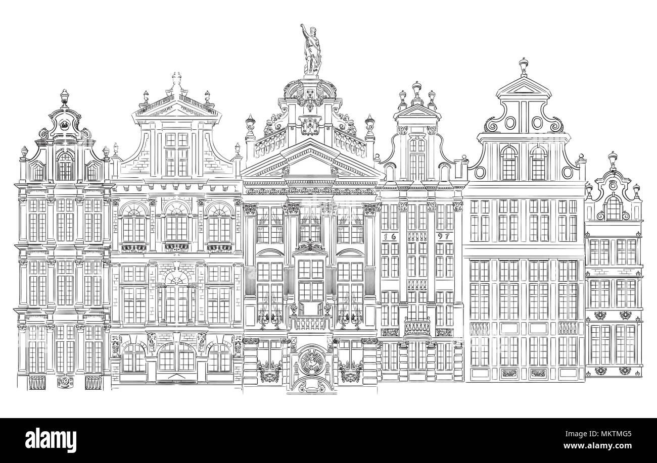 Grand Place in Brüssel, Belgien. Wahrzeichen von Belgien. Vektor hand Zeichnung Abbildung in schwarz auf weißem Hintergrund. Stock Vektor