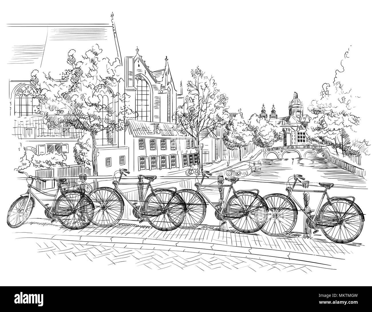 Fahrräder auf der Brücke über die Kanäle von Amsterdam, Niederlande. Wahrzeichen der Niederlande. Vektor hand Zeichnung Abbildung in Farbe Schwarz auf Weiss isoliert Stock Vektor