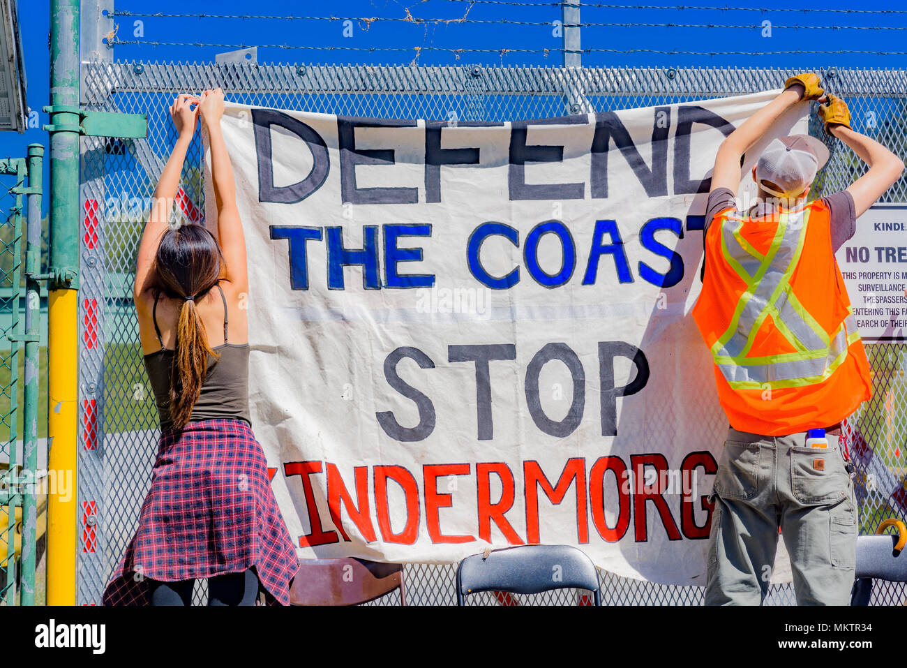 Protest gegen die Kinder Morgan Pipeline twinning und Expansion, Burnaby, British Columbia, Kanada. Stockfoto