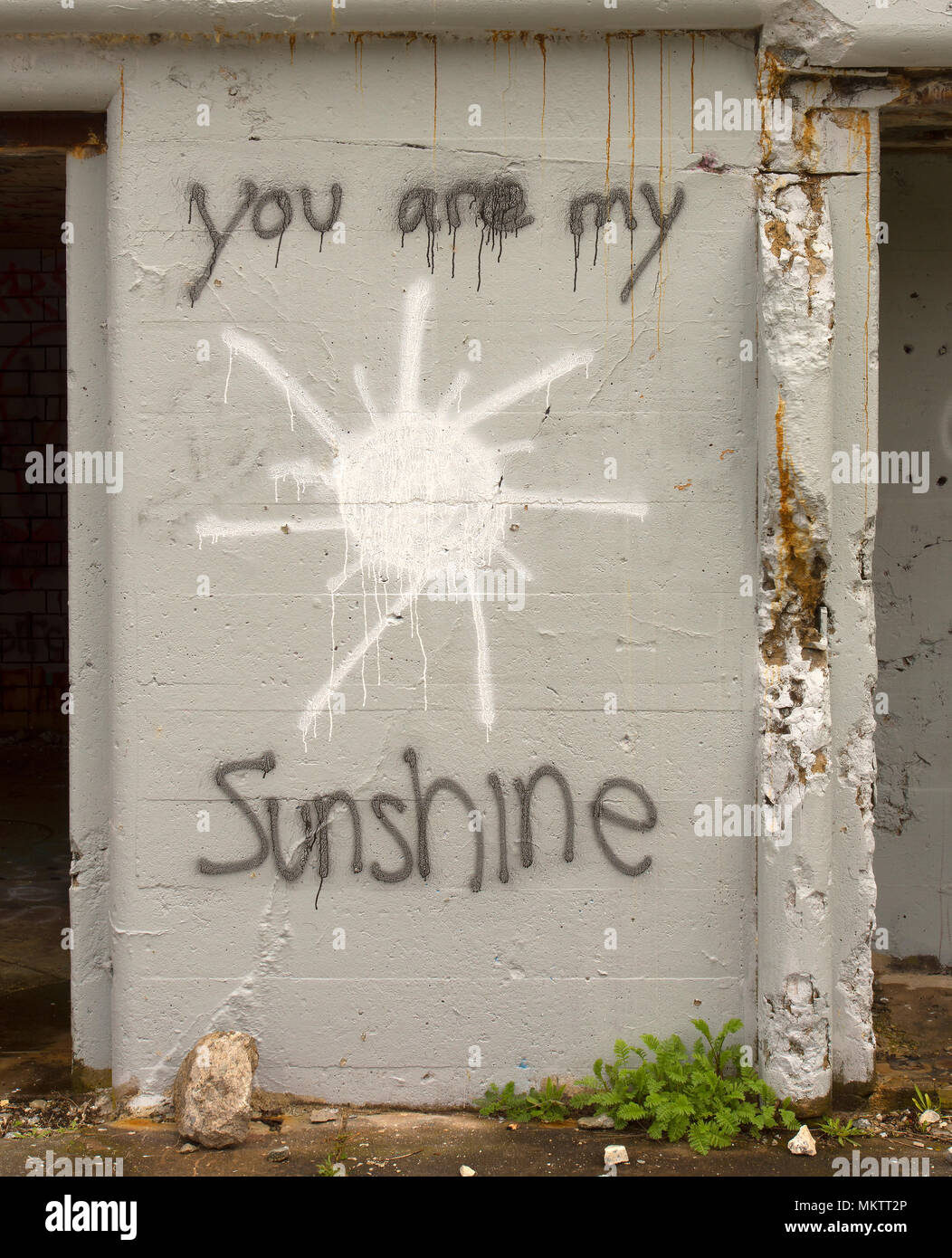 Graffiti an der Wand auf dem Gelände des ehemaligen Fort verehren, in Hull, Massachusetts, USA Stockfoto