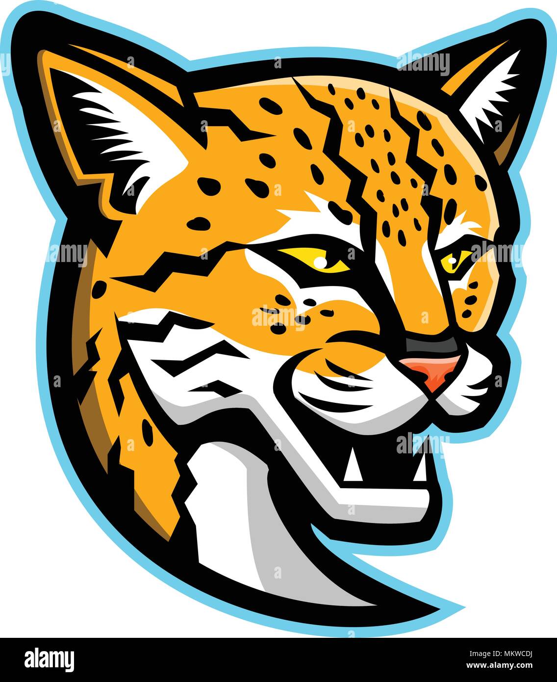 Sport Maskottchen Symbol Abbildung: Leiter einer langschwanzkatze (Leopardus wiedii), eine kleine wilde Katze in Zentral- und Südamerika von der Seite der Isola gesehen Stock Vektor