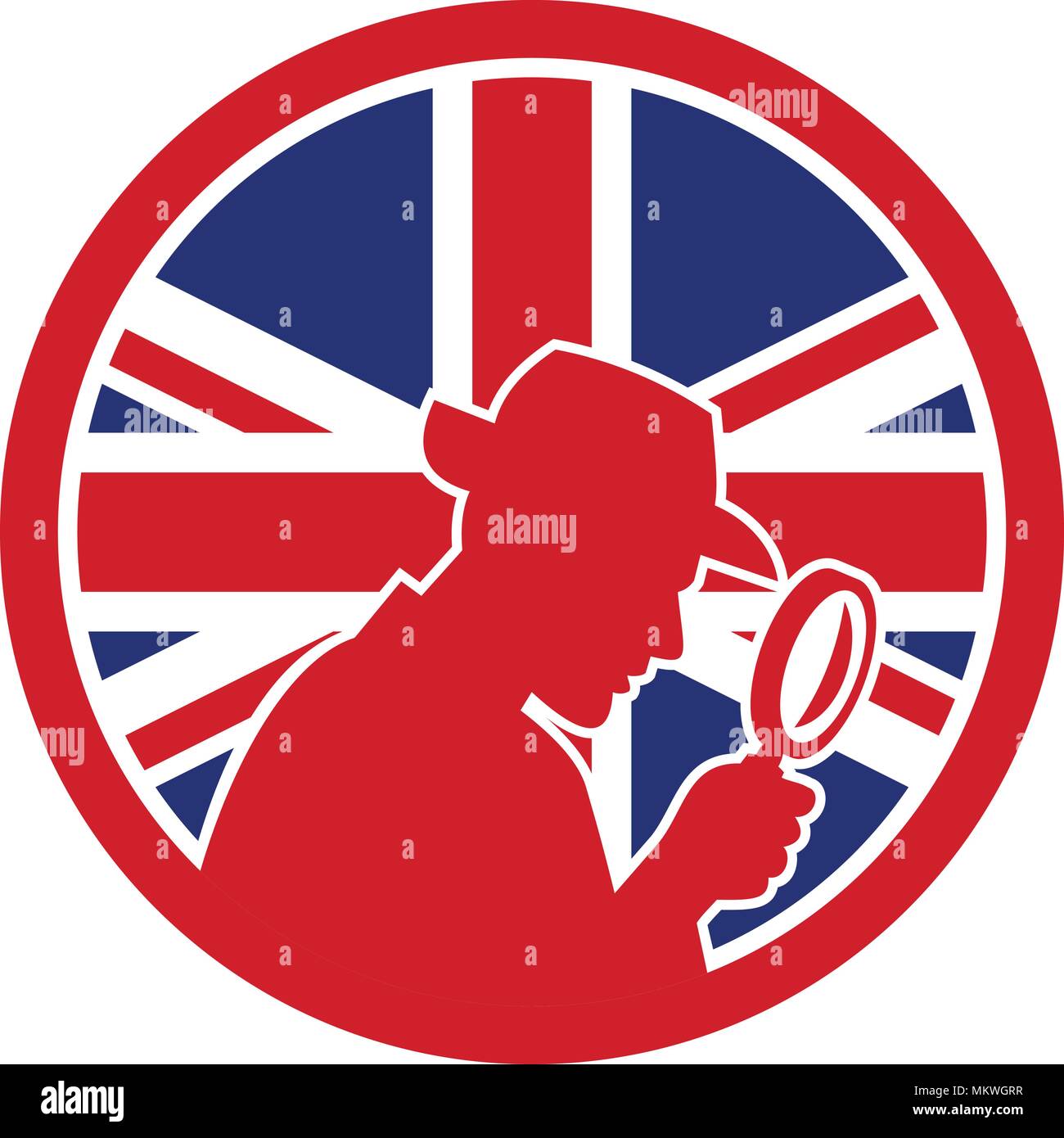 Symbol Retro Stil Abbildung eines britischen Privatdetektiv Silhouette mit Lupe Vereinigtes Königreich Großbritannien, Großbritannien Union Jack Flagge. Stock Vektor