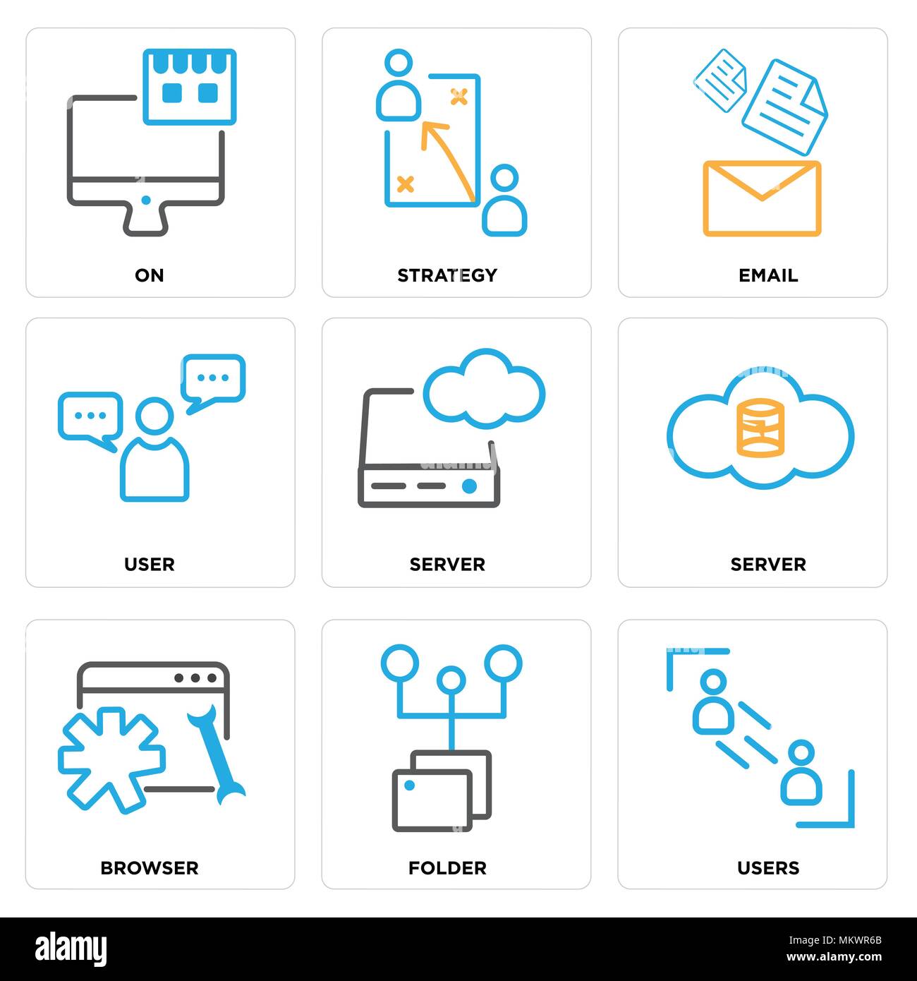Satz von 9 einfache editierbare Ikonen wie Benutzer-, Ordner-, Browser-, Server-, Benutzer-, E-Mail, Strategie, auf, können für mobile, Web verwendet werden. Stock Vektor