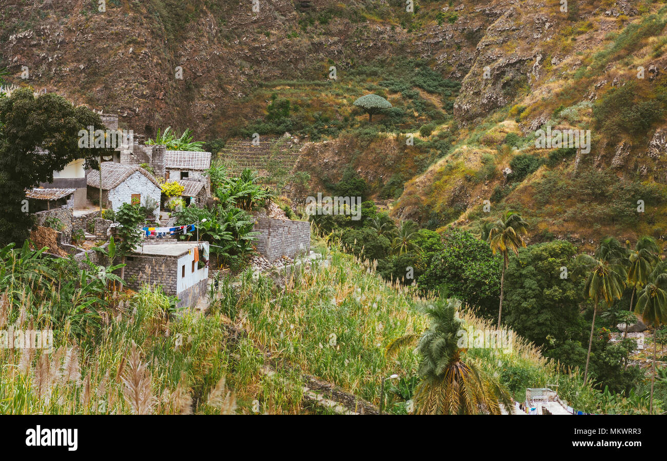 Lokale Häuser aus Stein kleines Dorf zwischen üppigen grünen Vegetation und Landschaft. Santo Antao Kap Verde Stockfoto