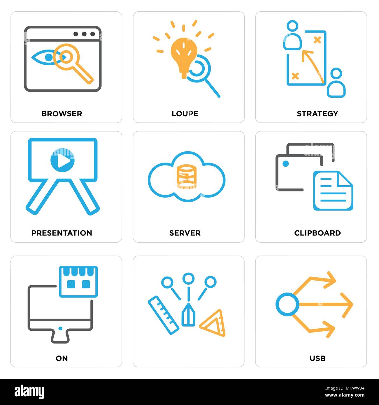 Satz von 9 einfache editierbare Ikonen wie USB, Auf, Zwischenablage, Server, Präsentation, Strategie, Lupe, Browser, können für mobile, Web verwendet werden. Stock Vektor