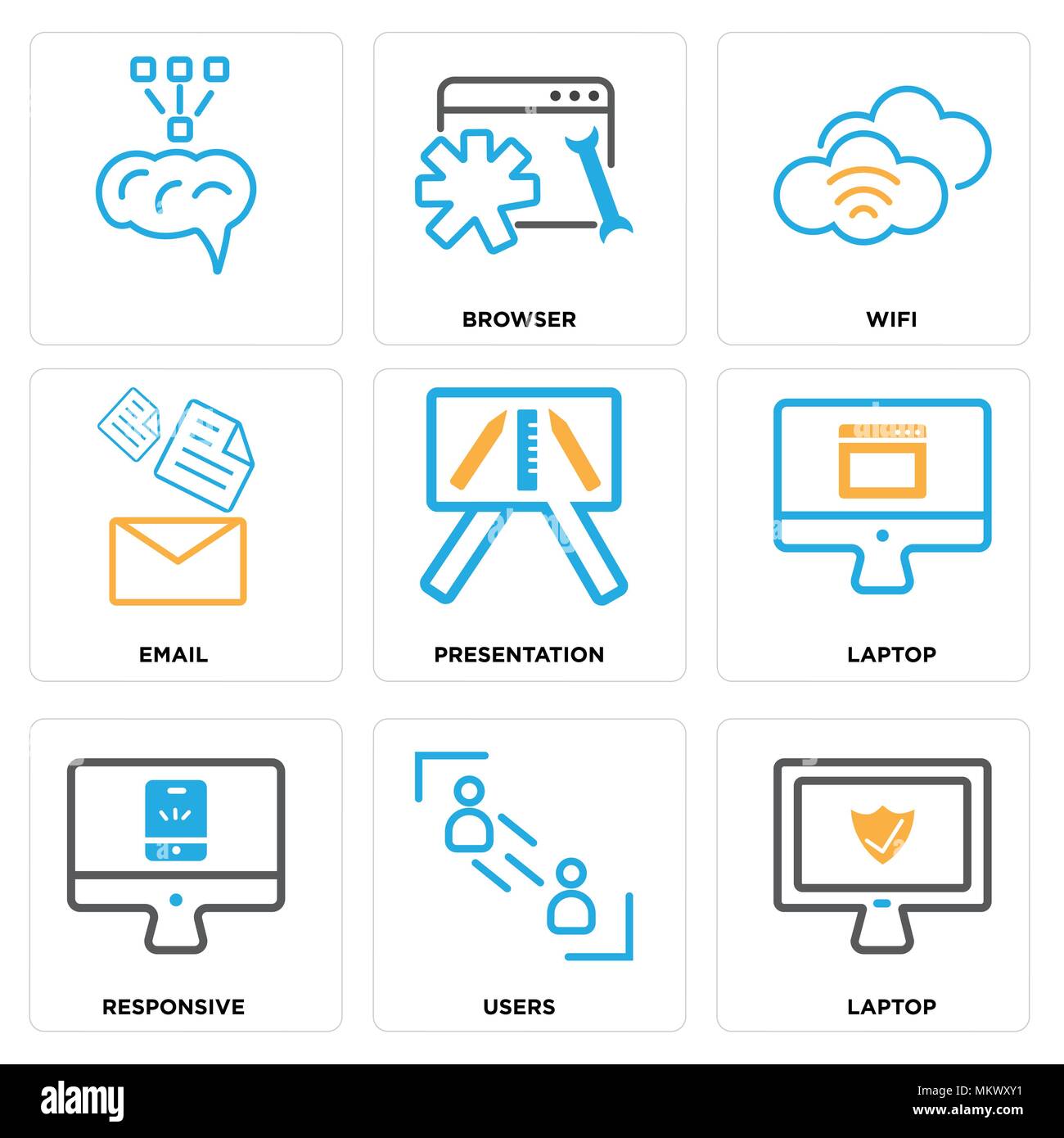 Satz von 9 einfache editierbare Ikonen wie Laptop, Benutzer, reaktionsschnellen, Präsentation, E-Mail, WLAN, Browser, kann für mobile, Web verwendet werden. Stock Vektor