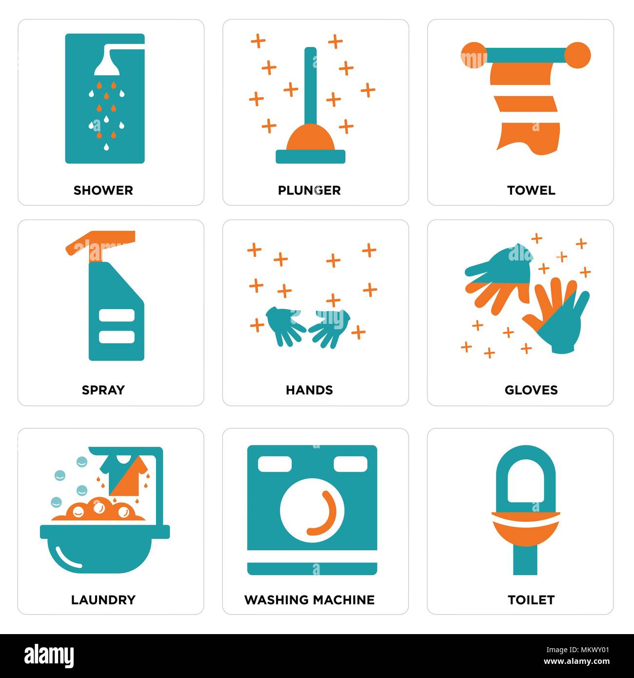 Satz von 9 einfache editierbare Ikonen wie WC, Waschmaschine, Wäsche, Handschuhe, Hände, Spray, Handtuch, Kolben, Dusche, kann für mobile, Web verwendet werden. Stock Vektor
