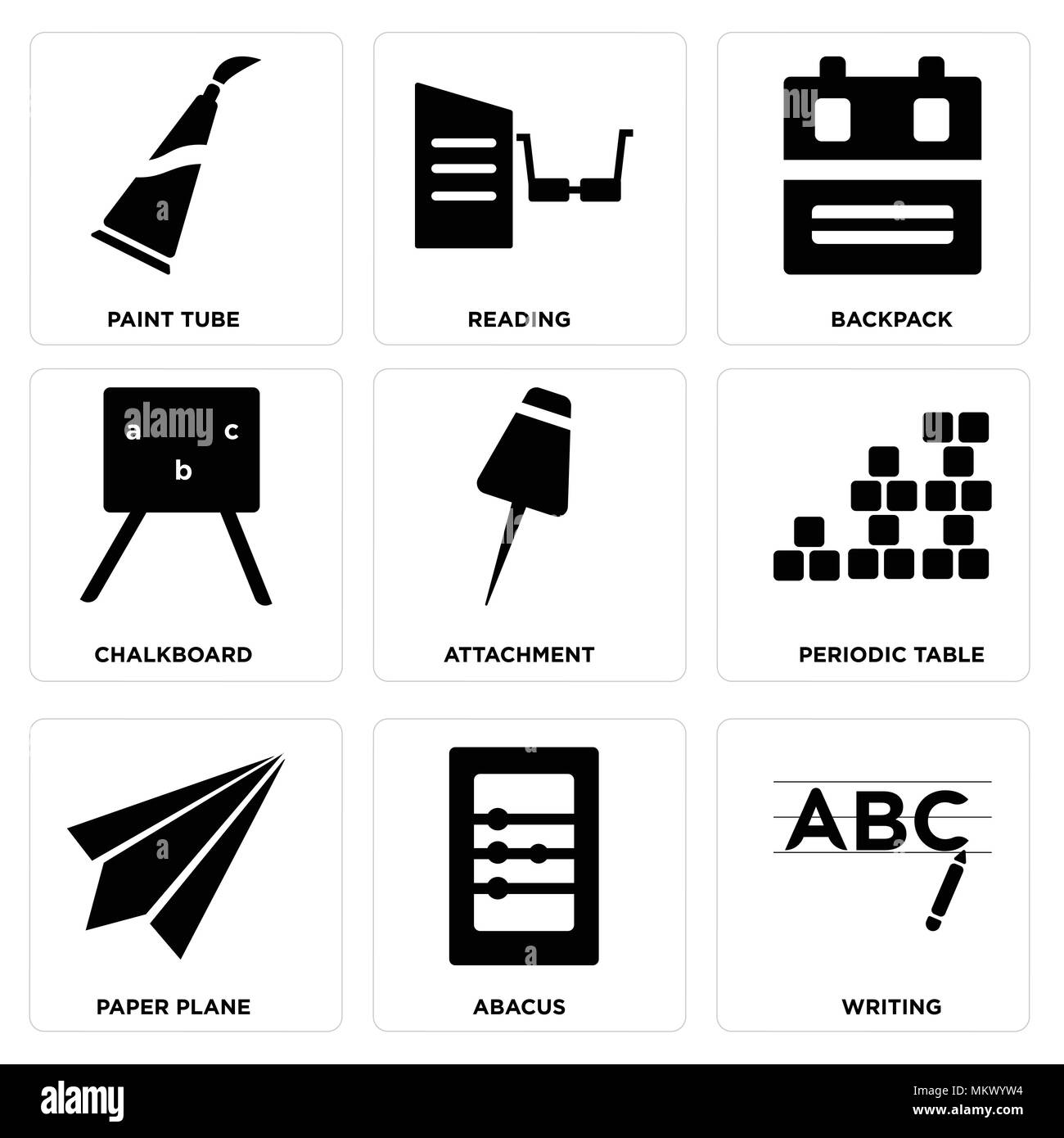 Satz von 9 einfache editierbare Symbole wie Schreiben, Abacus, Paper Plane, Periodensystem, Attachment, Schwarzes Brett, Rucksack, Lesen, Malen, kann eingesetzt werden Stock Vektor