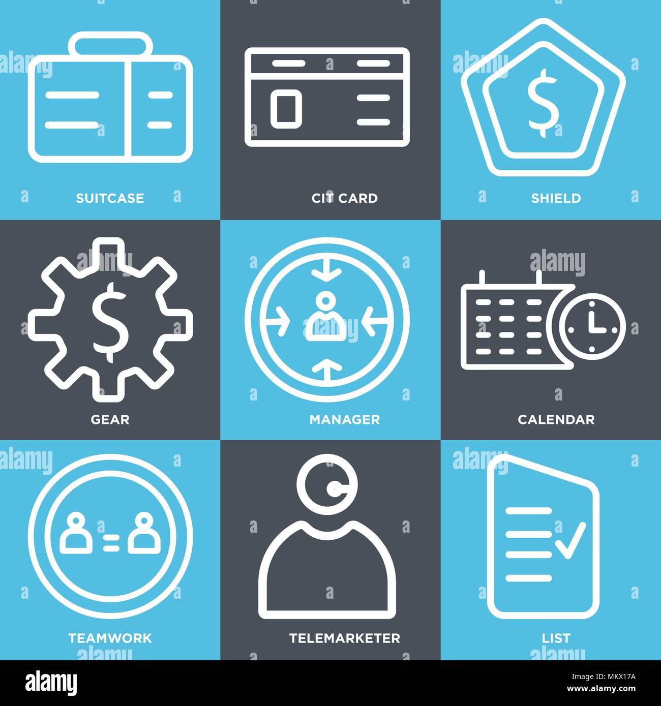 Satz von 9 einfache editierbare Ikonen wie Liste, Telefonverkäufer, Teamarbeit, Kalender, Manager, Gang, Schild, Cit Karte, Koffer, können für mobile, Web verwendet werden. Stock Vektor