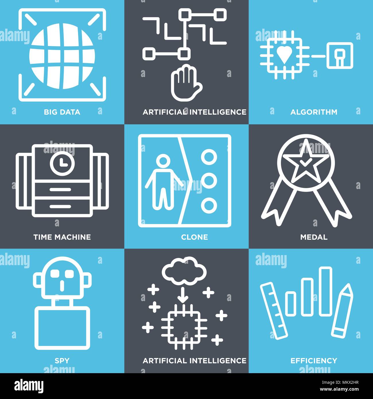 Satz von 9 einfache editierbare Ikonen wie Effizienz, Künstliche Intelligenz, Spy, Medaille, Klonen, Time Machine, Algorithmus, große Daten, können für Mobi verwendet werden. Stock Vektor