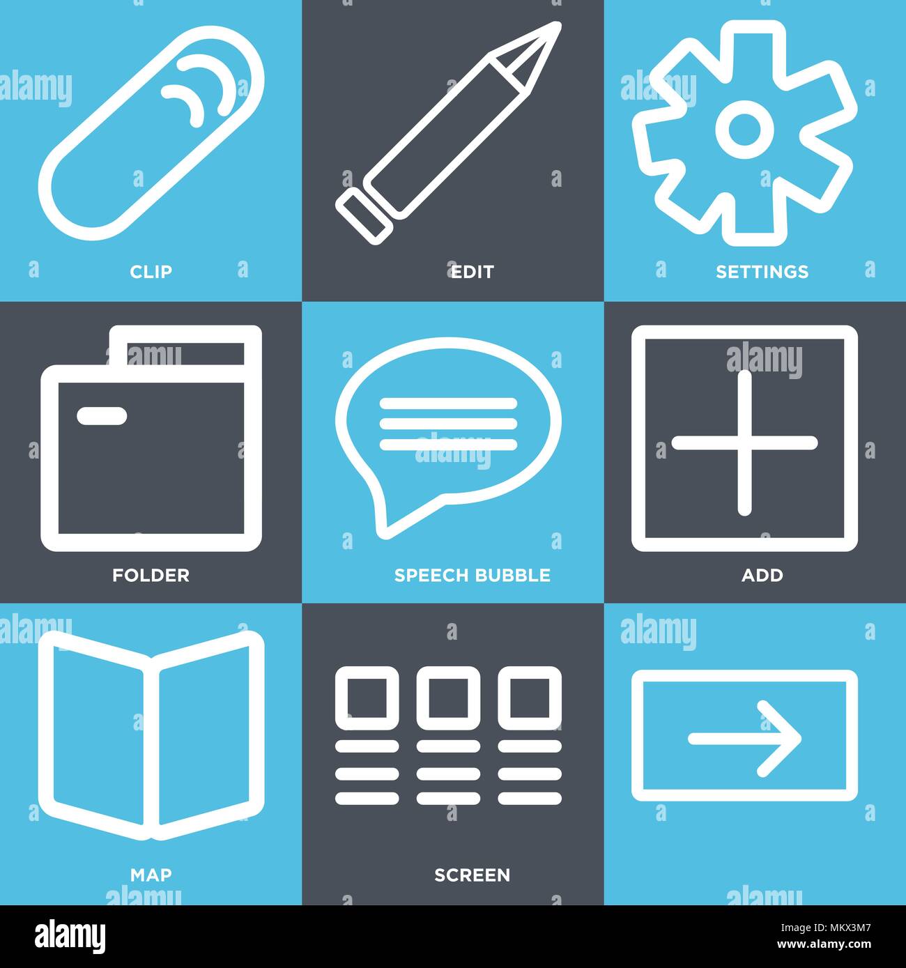 Satz von 9 einfache editierbare Ikonen wie Bildschirm, Karte, Hinzufügen, Sprechblasen, Ordner, Einstellungen bearbeiten, Clip, kann für mobile, Web verwendet werden. Stock Vektor