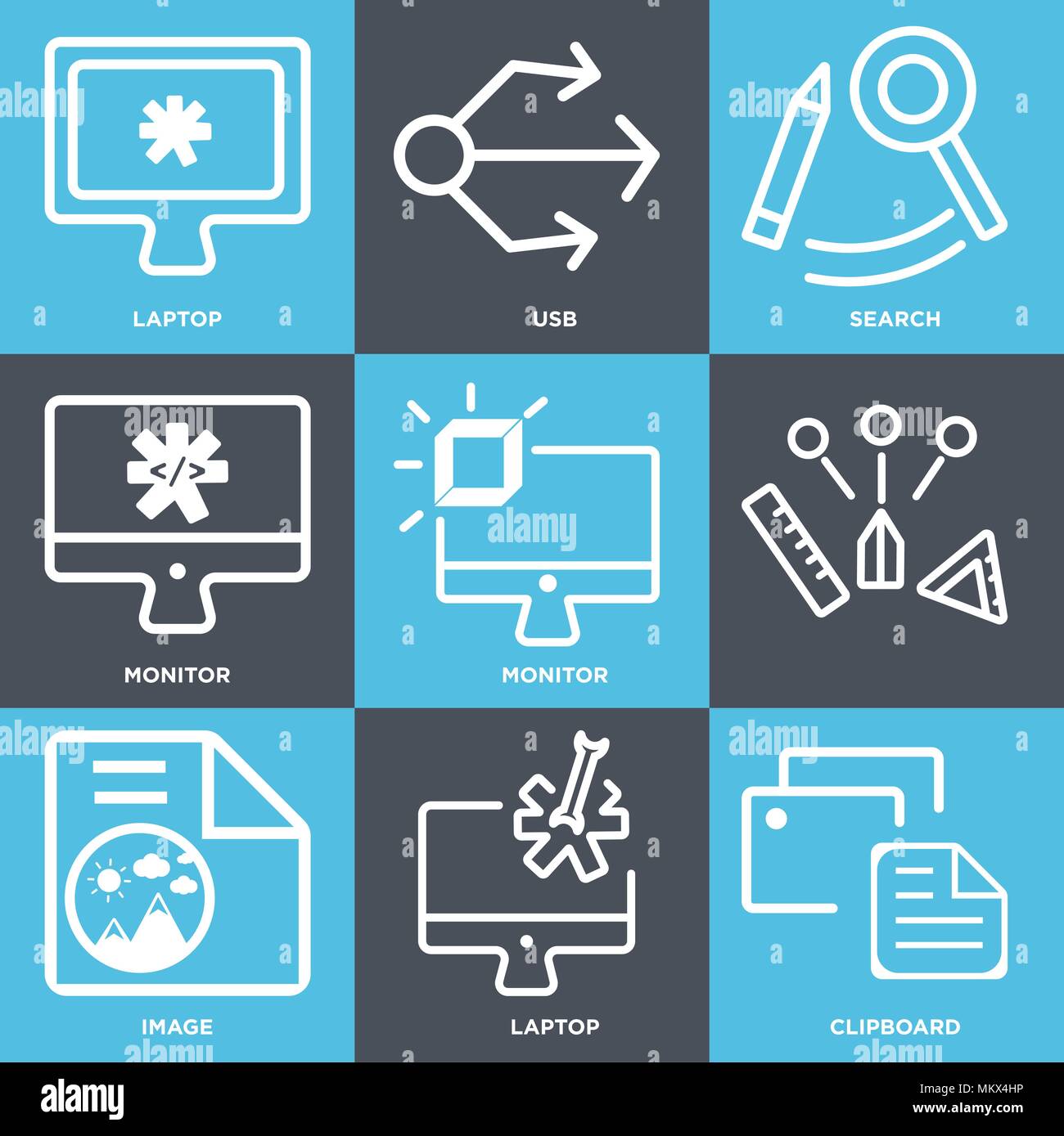 Satz von 9 einfache editierbare Ikonen wie Zwischenablage, Laptop, Bild, Monitor, Suche, USB, CAN für mobile, Web verwendet werden. Stock Vektor