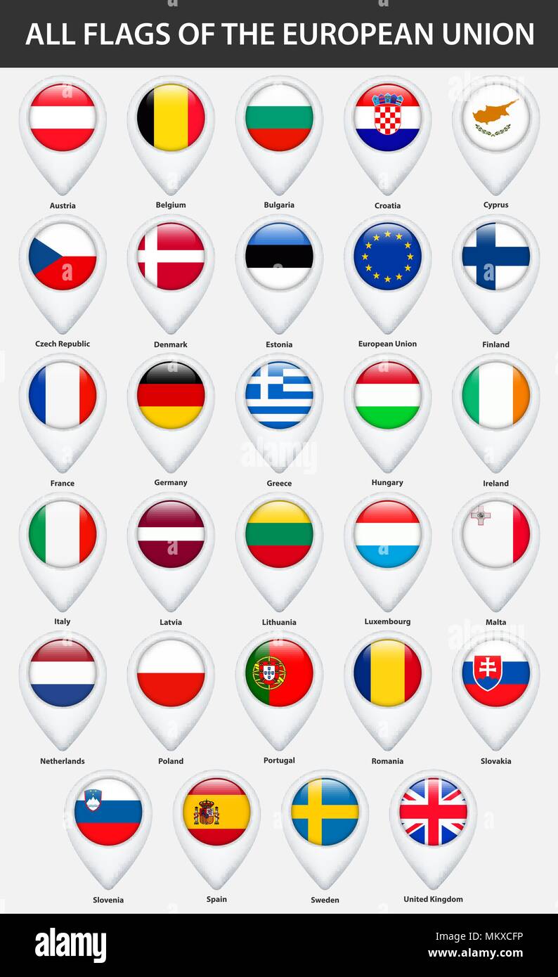 Alle Flaggen der Länder der Europäischen Union. Pin-Karte Zeiger glänzend Stil. Stock Vektor