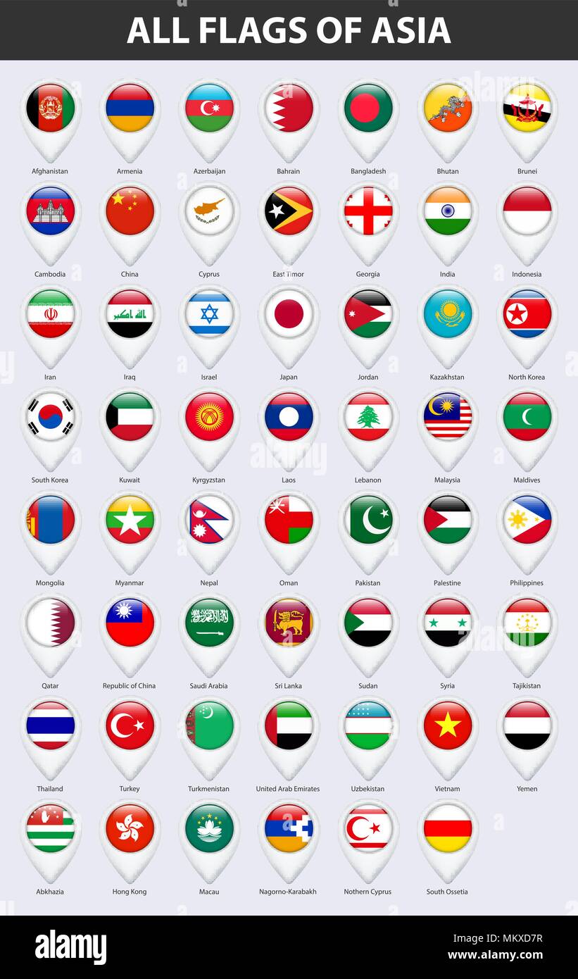 Alle Flaggen der Länder Asiens. Pin-Karte Zeiger glänzend Stil. Stock Vektor