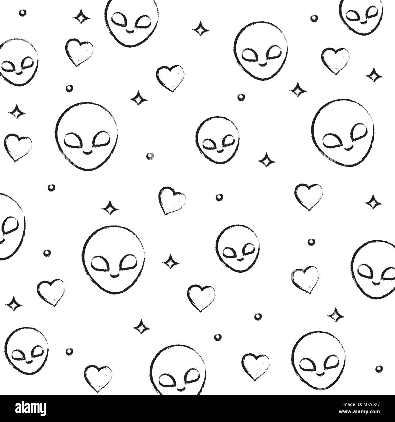 Hintergrund der Alien und Herzen Muster, Skizze Design. Vector Illustration Stock Vektor