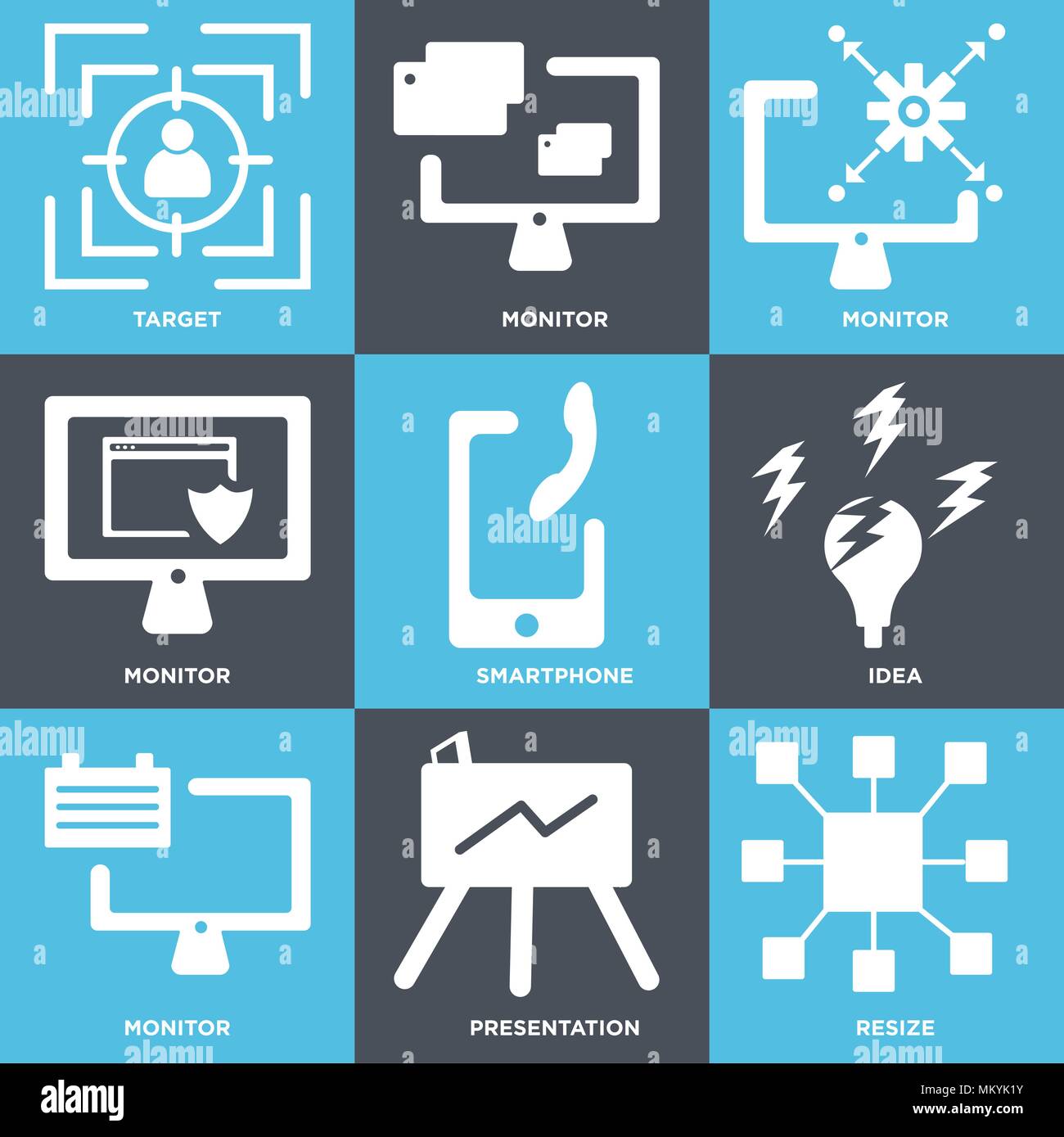Satz von 9 einfache editierbare Ikonen wie Größe, Präsentation, Monitor, Idee, Smartphone, Target, können für mobile, Web verwendet werden. Stock Vektor