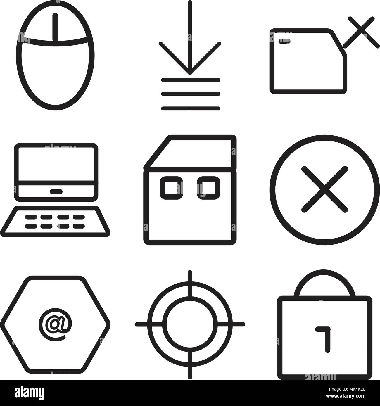 Satz von 9 einfache editierbare Ikonen wie Gesperrt, Web, Arroba, Schließen, Home, Mac, Ordner, Ordnung, Maus, können für mobile, Web verwendet werden. Stock Vektor
