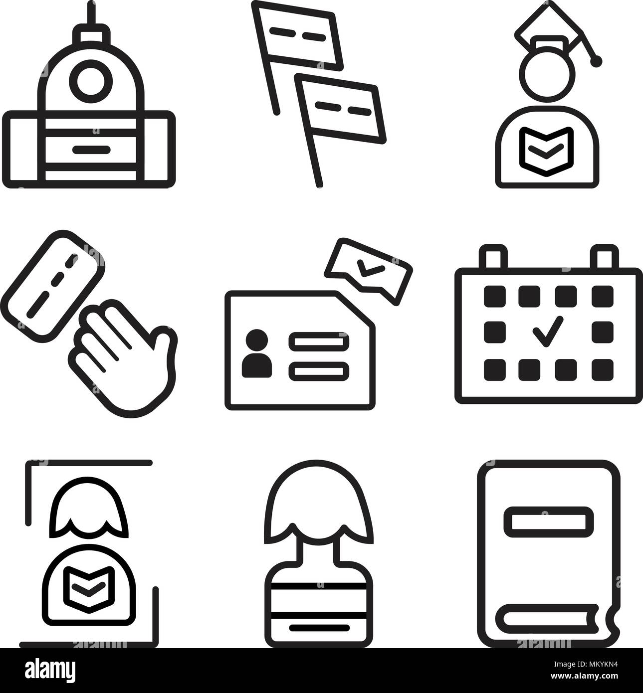 Satz von 9 einfache editierbare Ikonen wie Zeitung, Kandidaten, Kalender, Stimmzettel, graduiert, Fahnen, Capitol, können für mobile, Web verwendet werden. Stock Vektor