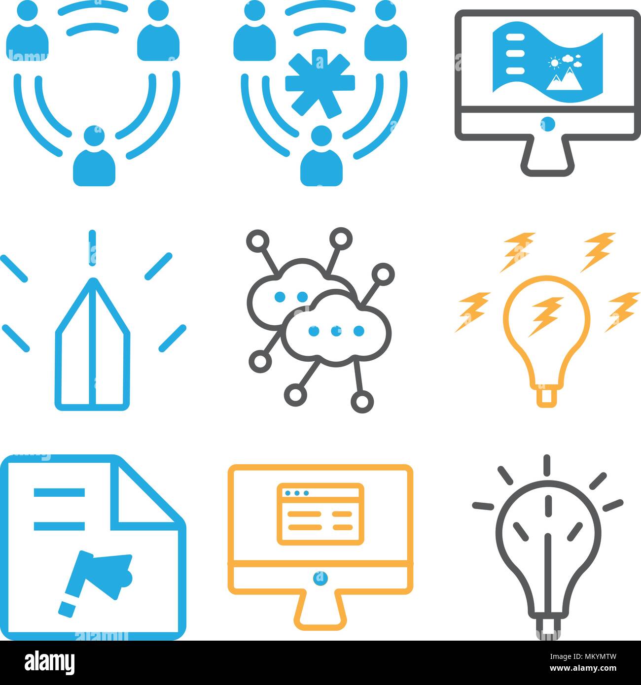 Satz von 9 einfache editierbare Ikonen wie Idee, Monitor, Datei, Netzwerk, Web de, Benutzer, Teamarbeit, können für mobile, Web verwendet werden. Stock Vektor