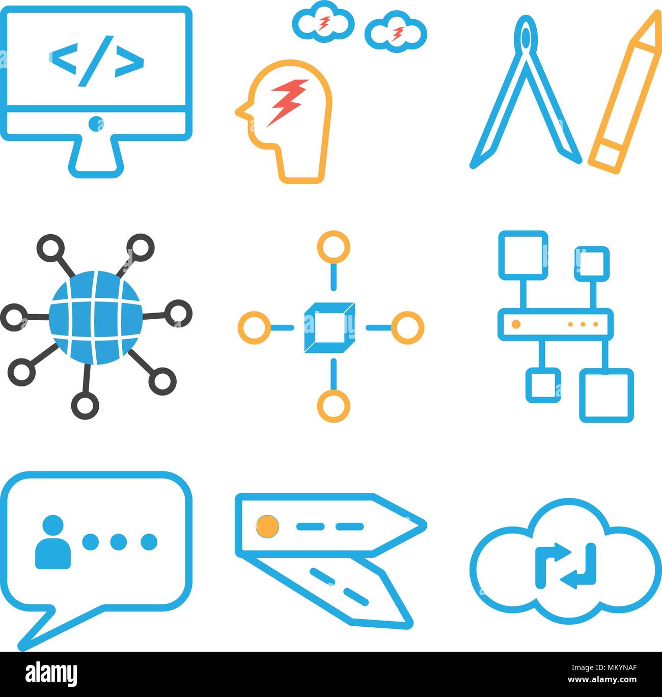 Satz von 9 einfache editierbare Symbole wie Cloud Computing, Pantone, Chat, hierarchische Struktur, Cube, Internet, Kompass, Brainstorming, überwachen können. Stock Vektor