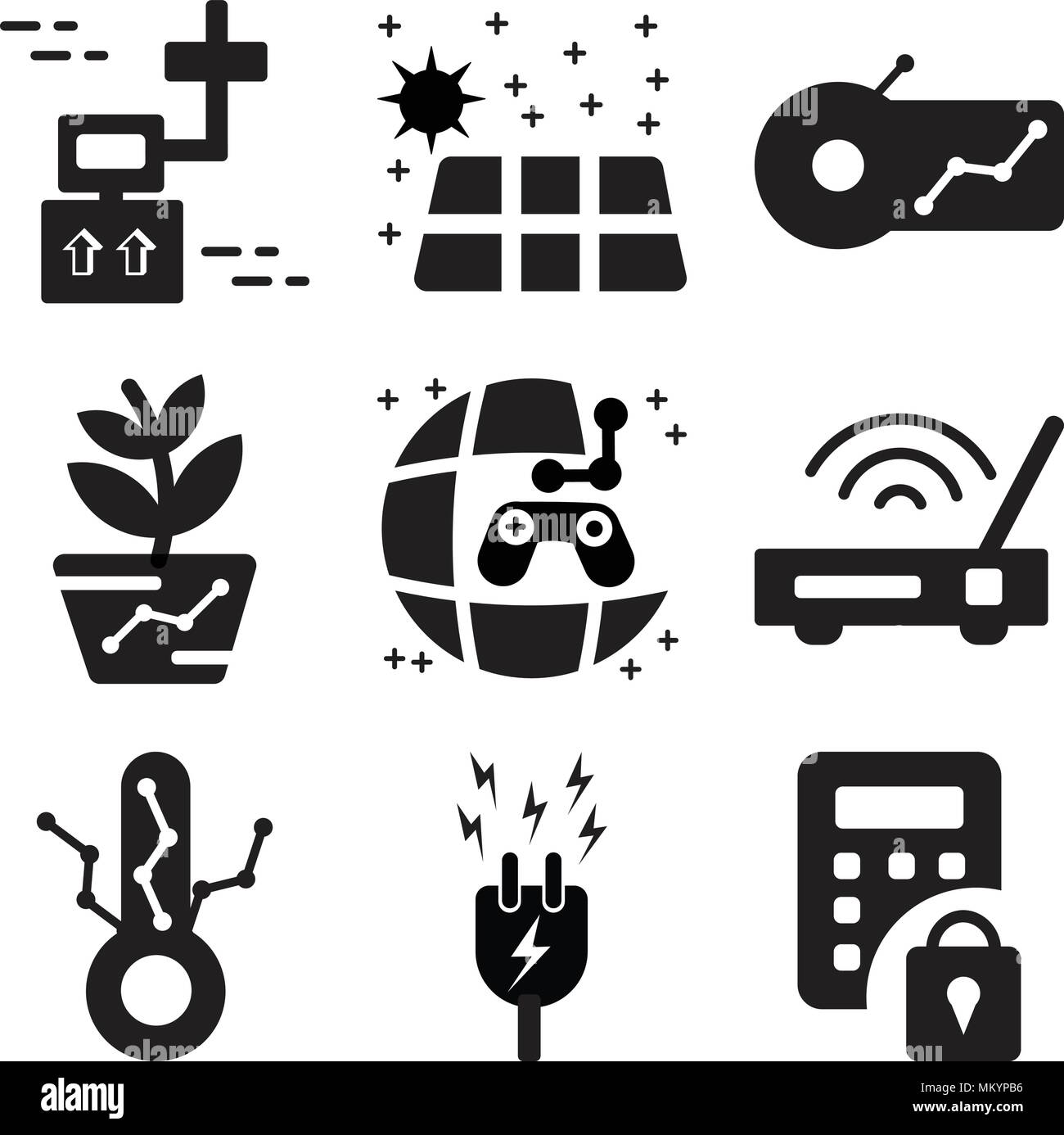 Satz von 9 einfache editierbare Ikonen wie Sicherheit, Energie, Thermometer, Wlan, Spiel, Gartenarbeit, Alarm, Solarenergie, Drone, können verwendet werden, für das mobile Web Stock Vektor