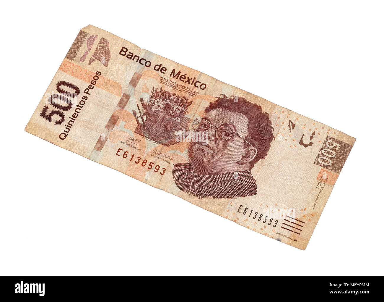 Fünf hundert Mexikanische Pesos Banknote auf weißem Hintergrund. Stockfoto