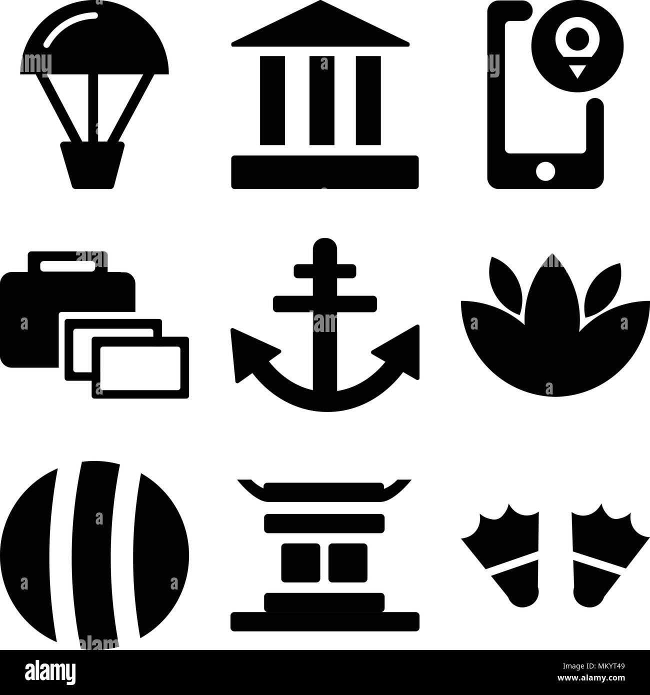 Satz von 9 einfache editierbare Ikonen wie zwei Schläger, chinesische Tempel, Beach Ball, große Blume, Anker, Koffer, Lage, Parthenon, Heißluftballon, c Stock Vektor
