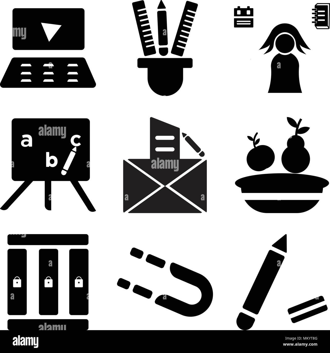 Satz von 9 einfache editierbare Symbole wie Bleistift, Magnet, Schließfächer, Lunchpaket, Lehrer, Schüler, Federmäppchen, Laptop, kann für mobile, Web verwendet werden. Stock Vektor