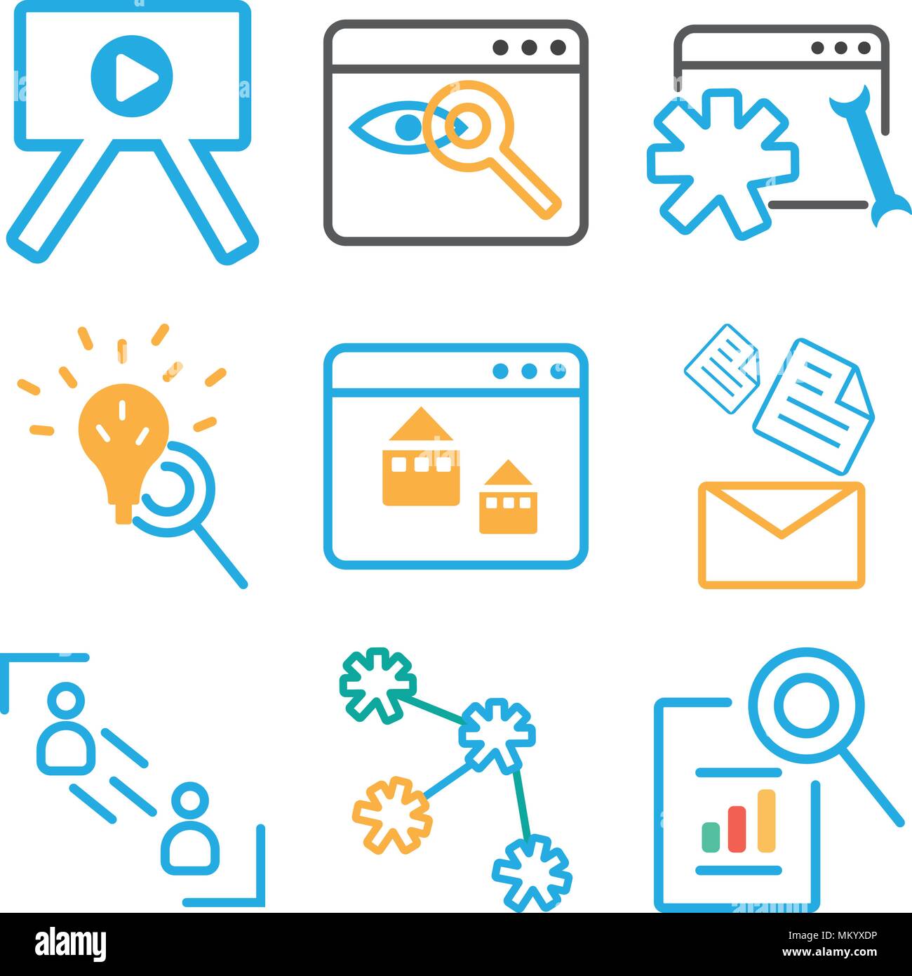Satz von 9 einfache editierbare Ikonen wie Datei, Einstellungen, Benutzer, E-Mail, Browser, Lupe, Präsentation, können für mobile, Web verwendet werden. Stock Vektor