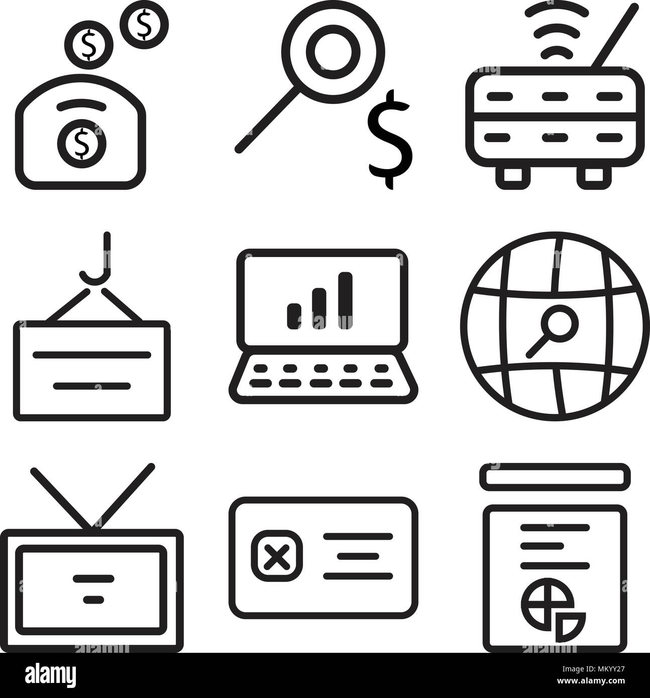 Satz von 9 einfache editierbare Symbole wie Statistiken, Liste, ID-Karte, Suche, Bericht, Container, Router, Sparschwein, können für mobile, Web verwendet werden. Stock Vektor