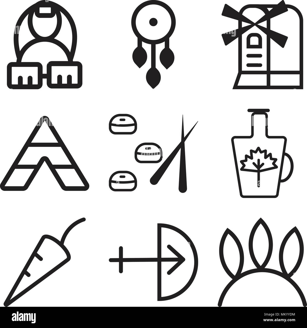 Satz von 9 einfache editierbare Ikonen wie Native American, Bug, Chili, Sirup, Sushi, Tipi, Windmühle, Dreamcatcher, ägyptischen, können für mobile, Web verwendet werden. Stock Vektor