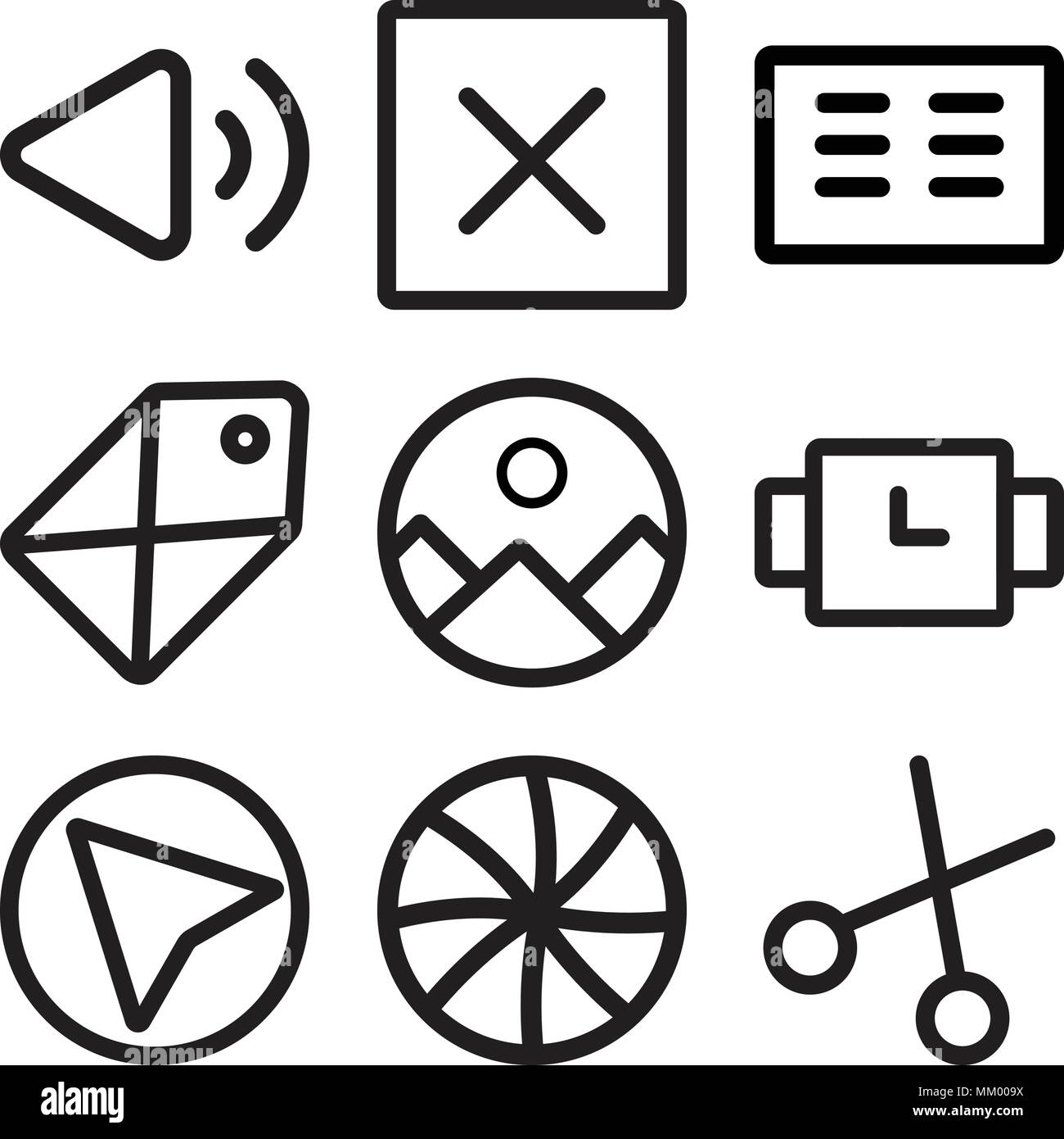 Satz von 9 einfache editierbare Symbole wie Ausschneiden, Shutter, Cursor, Warten, Galerie, Tag, Cit Karte, Abbrechen, Volumen, für mobile, Web verwendet werden. Stock Vektor