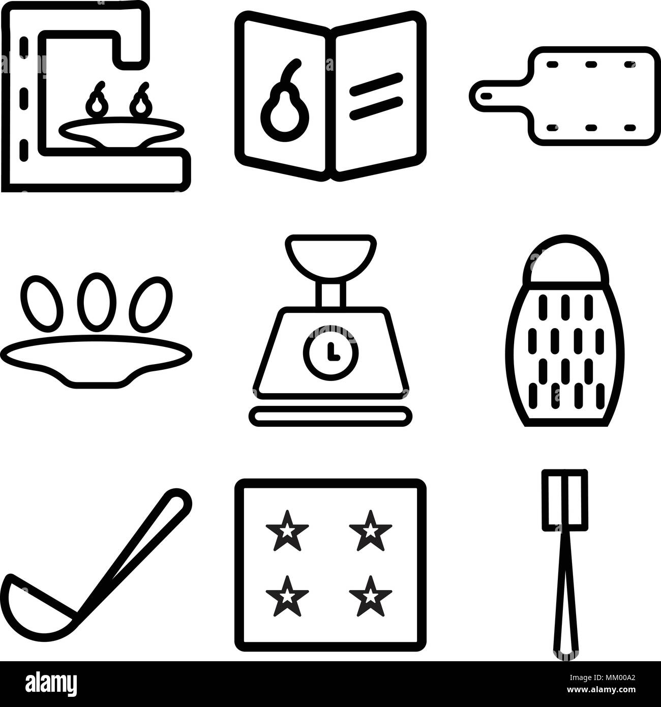 Satz von 9 einfache editierbare Ikonen wie Pinsel, Ice Cube Tray, Schöpfkelle, Reibe, Skala, Eier, Küche, Rezept, Kaffeemaschine, für mobile verwendet werden, Stock Vektor