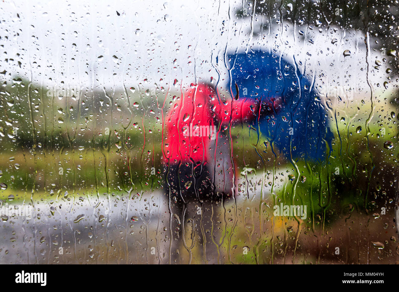 Ardara, County Donegal, Irland Wetter. 9. Mai 2016. Eine Person, die Kämpfe an einem regnerischen, windigen Start in den Tag an Irlands Westküste zu arbeiten. Gesehen, durch die Fenster eines Cottage. Credit: Richard Wayman/Alamy leben Nachrichten Stockfoto