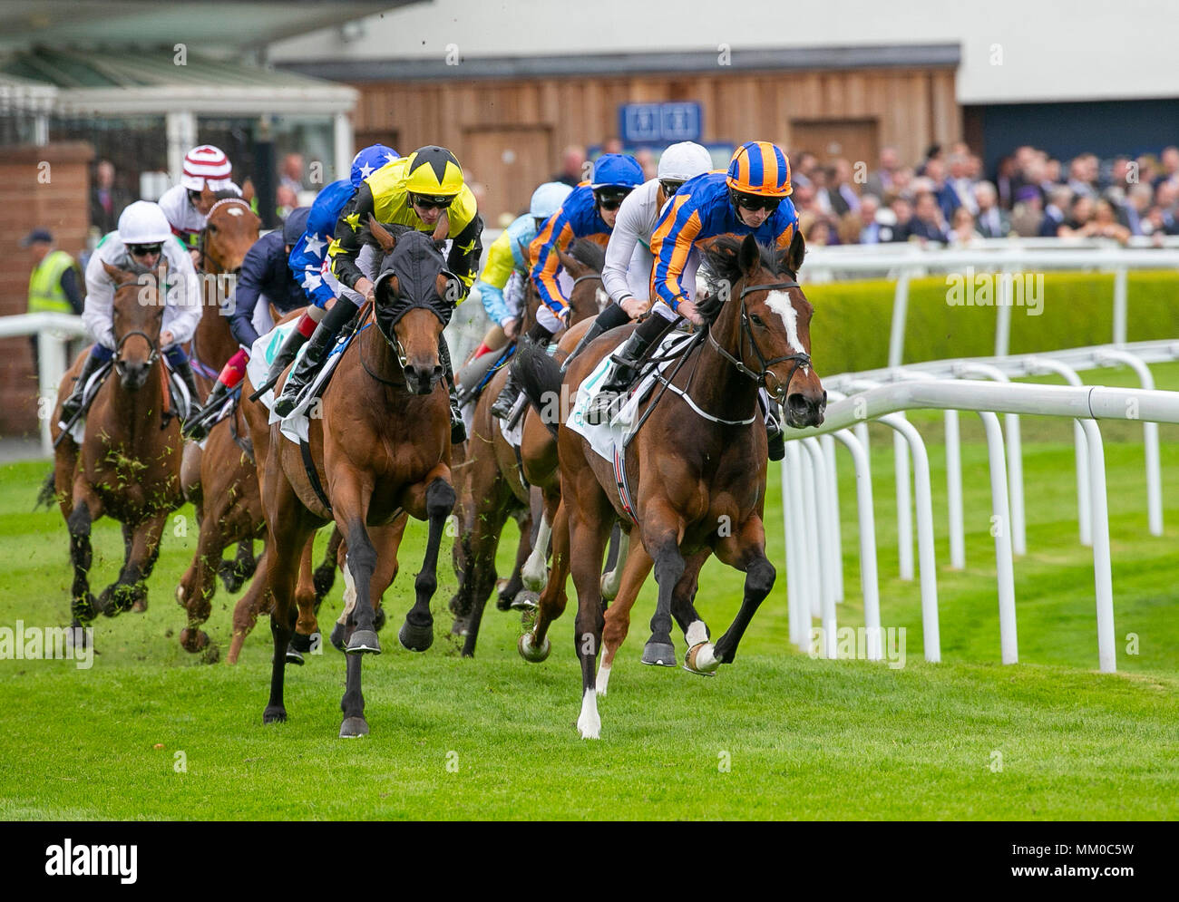 Die Rennbahn von Chester, Chester, UK. 9. Mai, 2018. Die boodles Mai Festival, Stadt Tag; Ryan Moore an Bord Zauberstab führt das Feld am Ende der ersten Stromkreis im arkle Finanzen Cheshire Oaks auf die Rennbahn von Chester Credit: Aktion plus Sport/Alamy leben Nachrichten Stockfoto